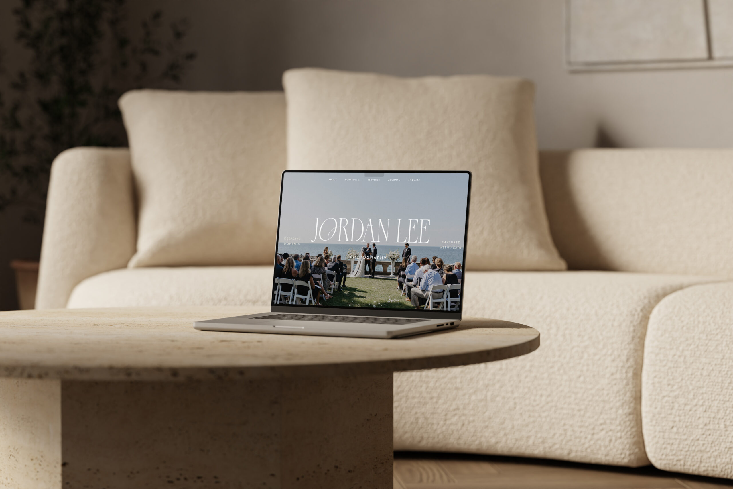 macbook sitting on coffee table in neutral room